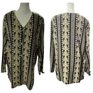 Vintage Women Blouse Size XL Black Gold AMARA Brocade Long Sleeve Button Front
